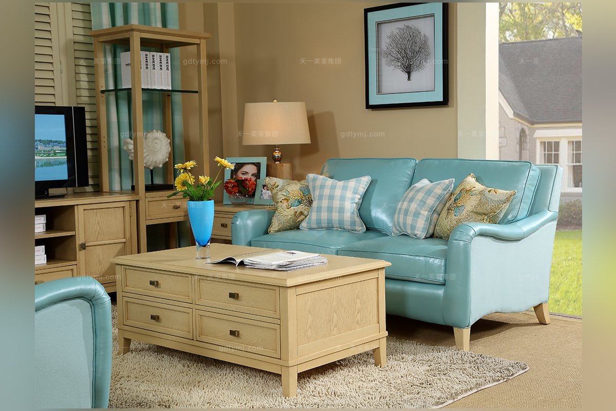 高端別墅家具美式藍色真皮雙人位沙發(fā)