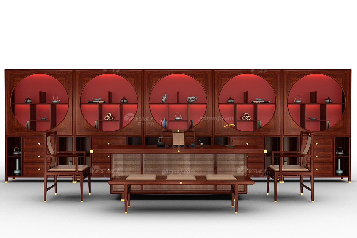 新中式辦公家具風(fēng)格高端品牌家具簡約時(shí)尚大氣實(shí)木刺猬紫檀大茶臺(tái)大展宏圖茶臺(tái)場景