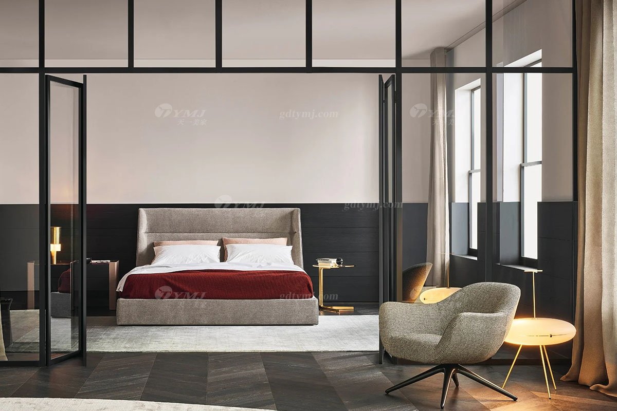  現(xiàn)代簡約家具高端別墅會所家用時尚舒適灰色布藝臥室大床婚床雙人床A2285場景