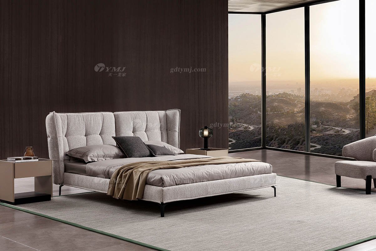 現代簡約家具高端別墅會所家用時尚舒適灰色布藝主人房大床婚床雙人床A2295B場景1