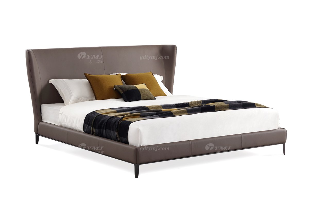  現(xiàn)代簡約家具高端別墅會(huì)所家用時(shí)尚舒適深灰色真皮大床婚床雙人床A2312-1