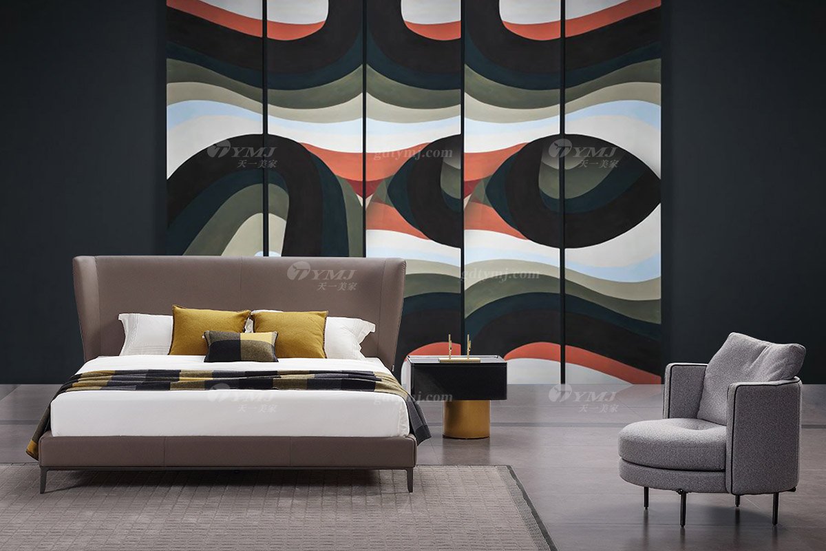  現(xiàn)代簡約家具高端別墅會(huì)所家用時(shí)尚舒適深灰色真皮大床婚床雙人床A2312場景