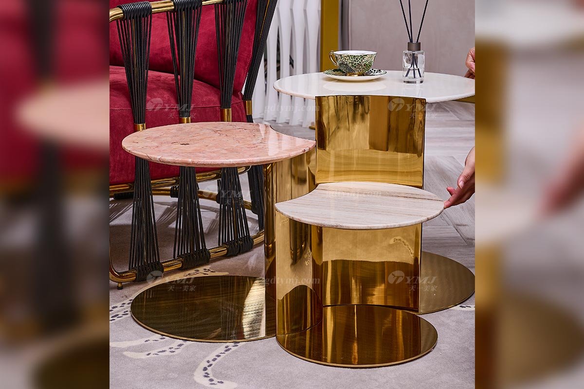 意式輕奢家具高端別墅會所家用時尚創(chuàng)意高級鈦金屬小圓幾角幾組合FB122H2RA+B+C場景