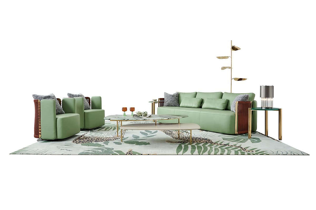 意式輕奢家具高端別墅會所家用時(shí)尚舒適綠色皮藝三位沙發(fā)FB125SF3場景