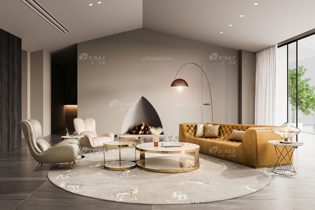 意式輕奢家具高端別墅會(huì)所家用時(shí)尚舒適大氣豪宅金屬+黃色拉扣四位沙發(fā)FB133SF4場(chǎng)景