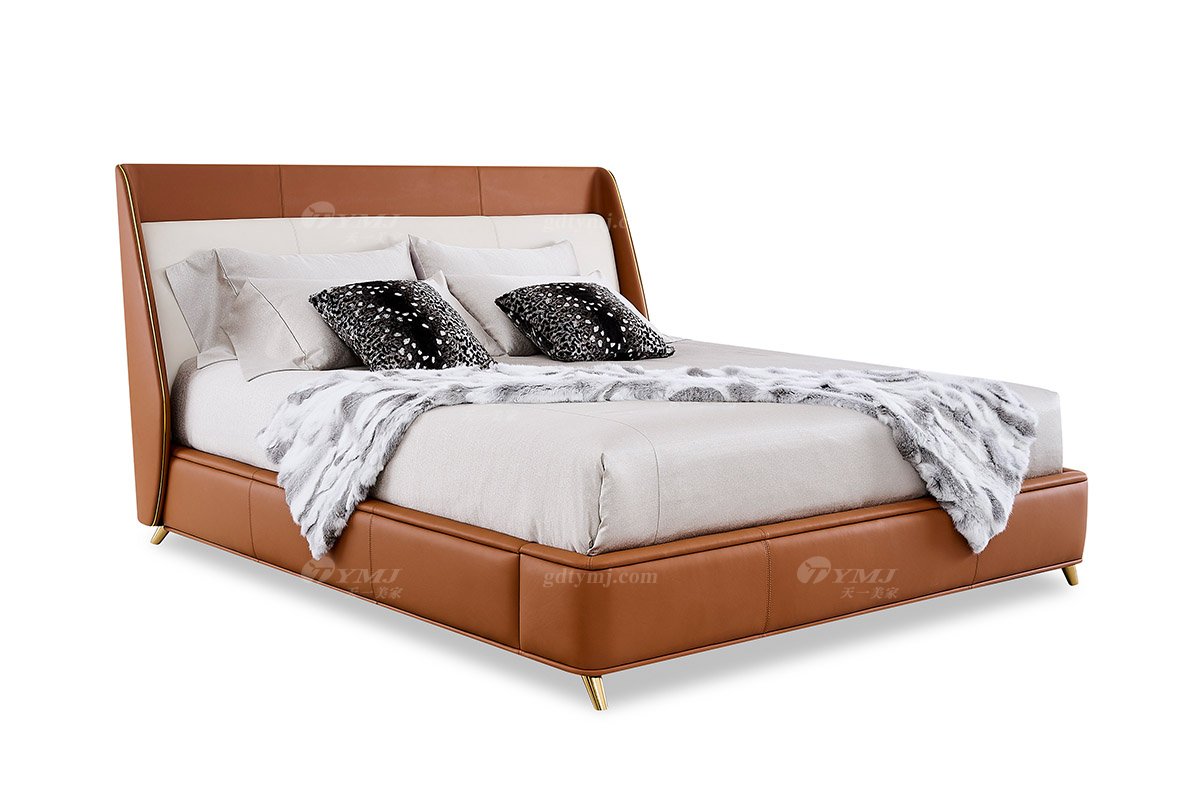 意式輕奢家具高端別墅會所大宅家用時(shí)尚奢華鈦金屬橙色真皮1.8米大床118B21M床1