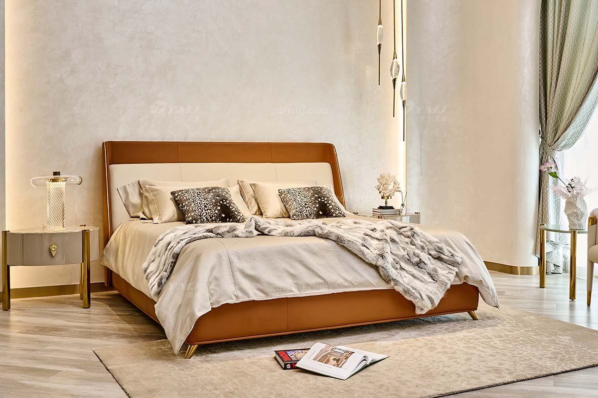 意式輕奢家具高端別墅會所大宅家用時(shí)尚奢華鈦金屬橙色真皮1.8米大床118B21M床2