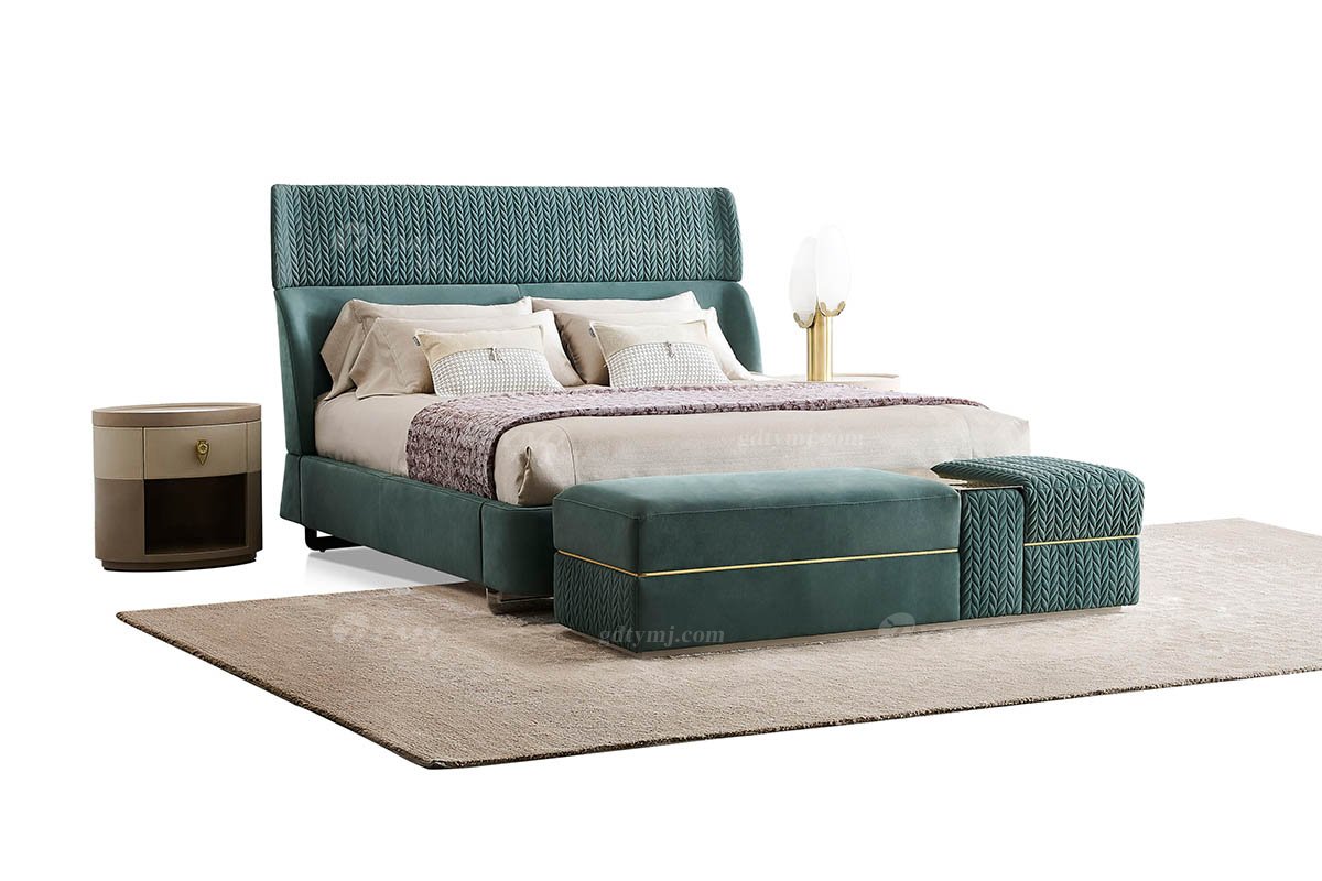 意式輕奢家具高端別墅會(huì)所豪宅家用時(shí)尚奢華鈦金+綠色真皮1.8米大床121B21M床2