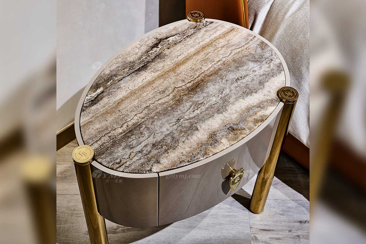 意式輕奢家具高端別墅會(huì)所豪宅家用時(shí)尚奢華大理石+鈦金屬床頭柜118B22床頭柜2