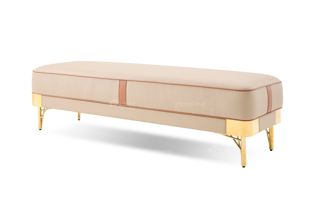 意式輕奢家具高端別墅會(huì)所豪宅家用時(shí)尚奢華不銹鋼鏡面金屬米黃色床尾凳118B18床尾凳1